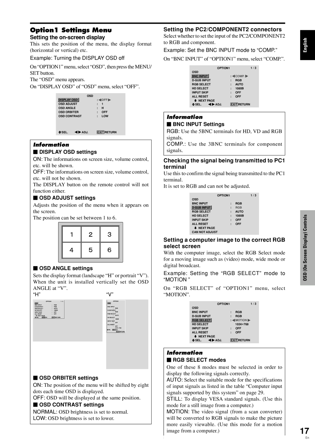 Pioneer PDP 424MV Option1 Settings Menu, Setting the on-screen display, Setting the PC2/COMPONENT2 connectors 