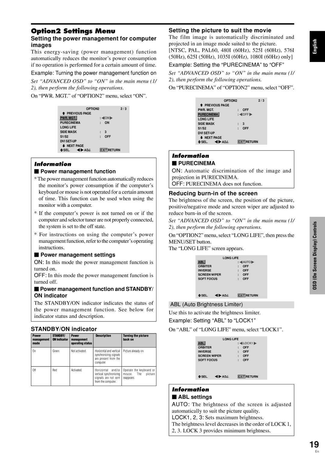 Pioneer PDP 424MV Option2 Settings Menu, Setting the power management for computer images, STANDBY/ON indicator 