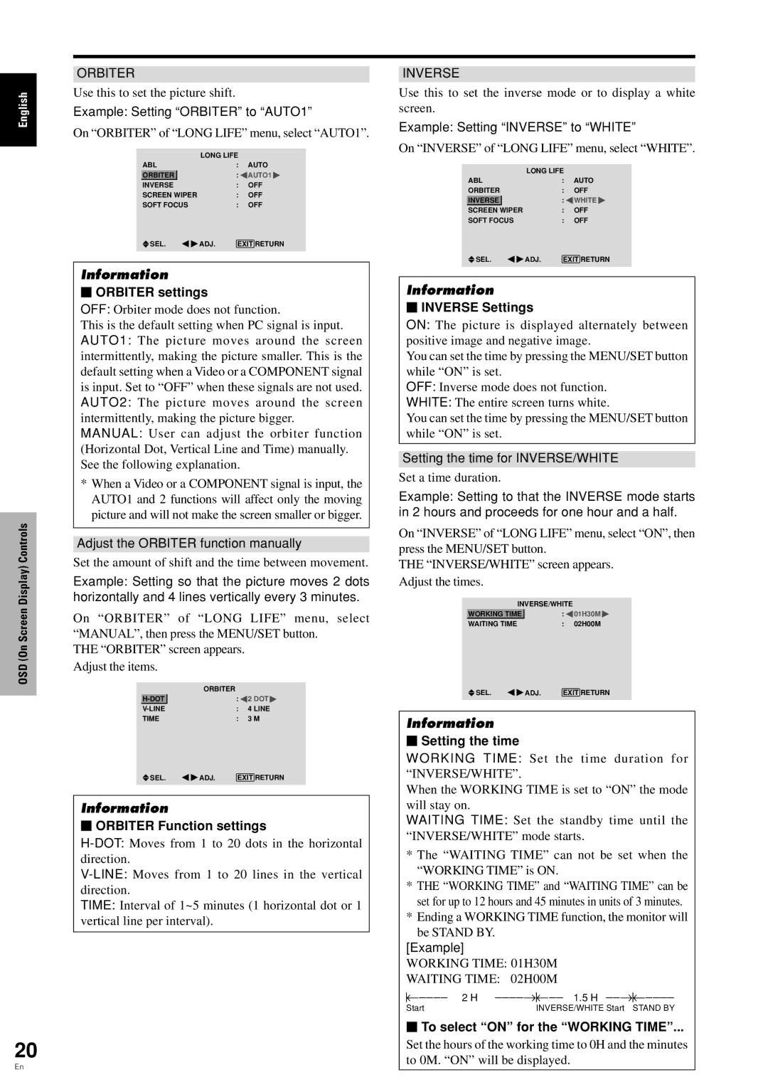 Pioneer PDP 424MV specifications  Orbiter settings,  Orbiter Function settings,  Inverse Settings,  Setting the time 