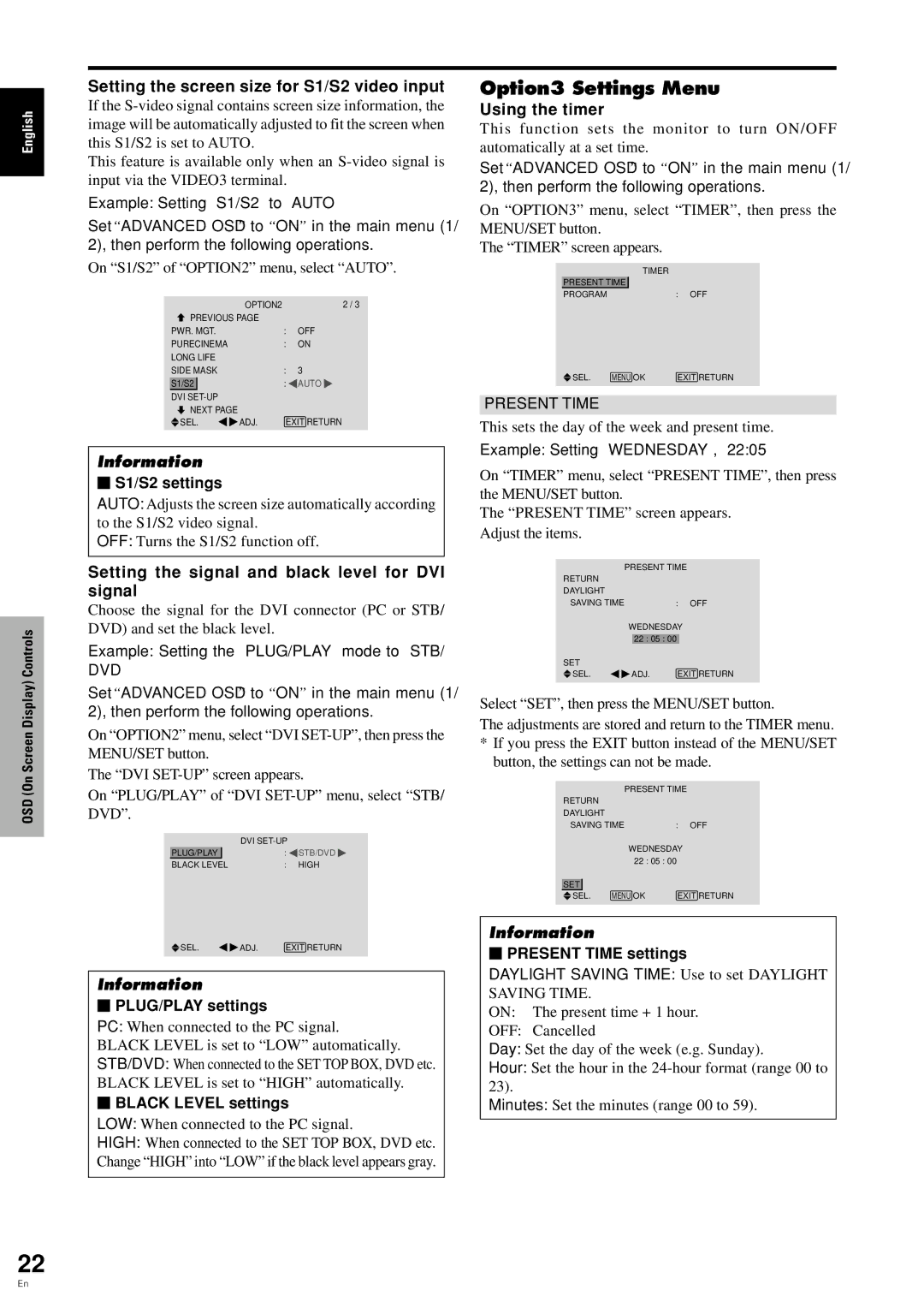 Pioneer PDP 424MV specifications Option3 Settings Menu, Setting the screen size for S1/S2 video input, Using the timer 