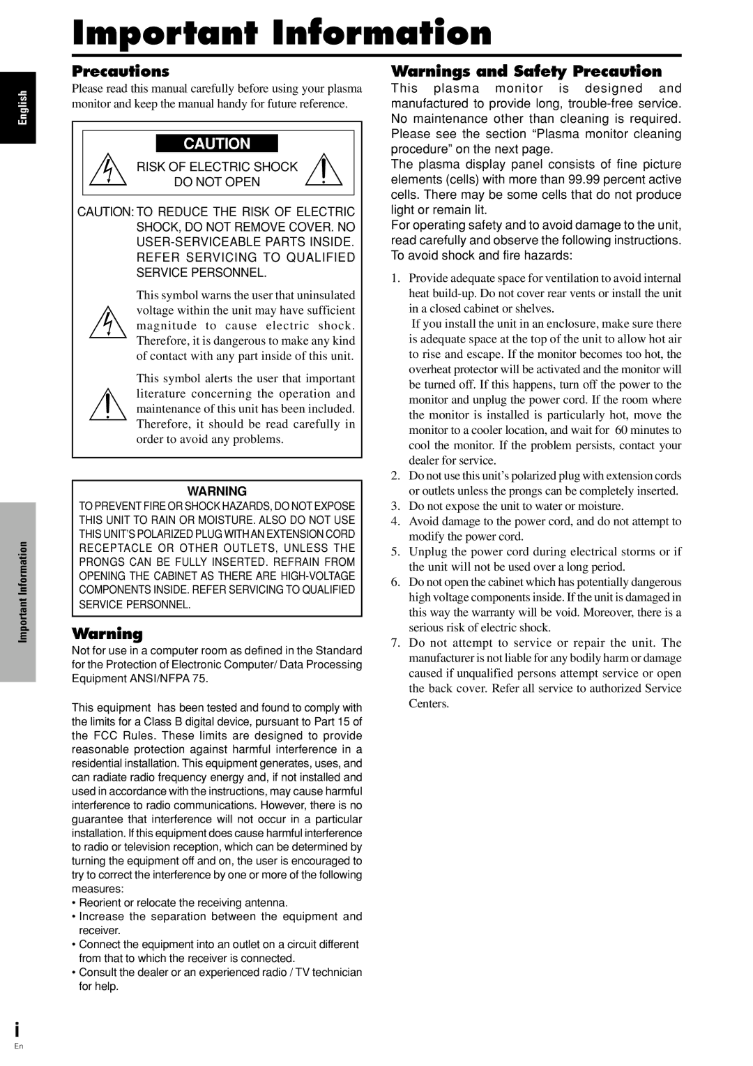 Pioneer PDP 424MV specifications Important Information, Precautions, Risk of Electric Shock Do not Open 