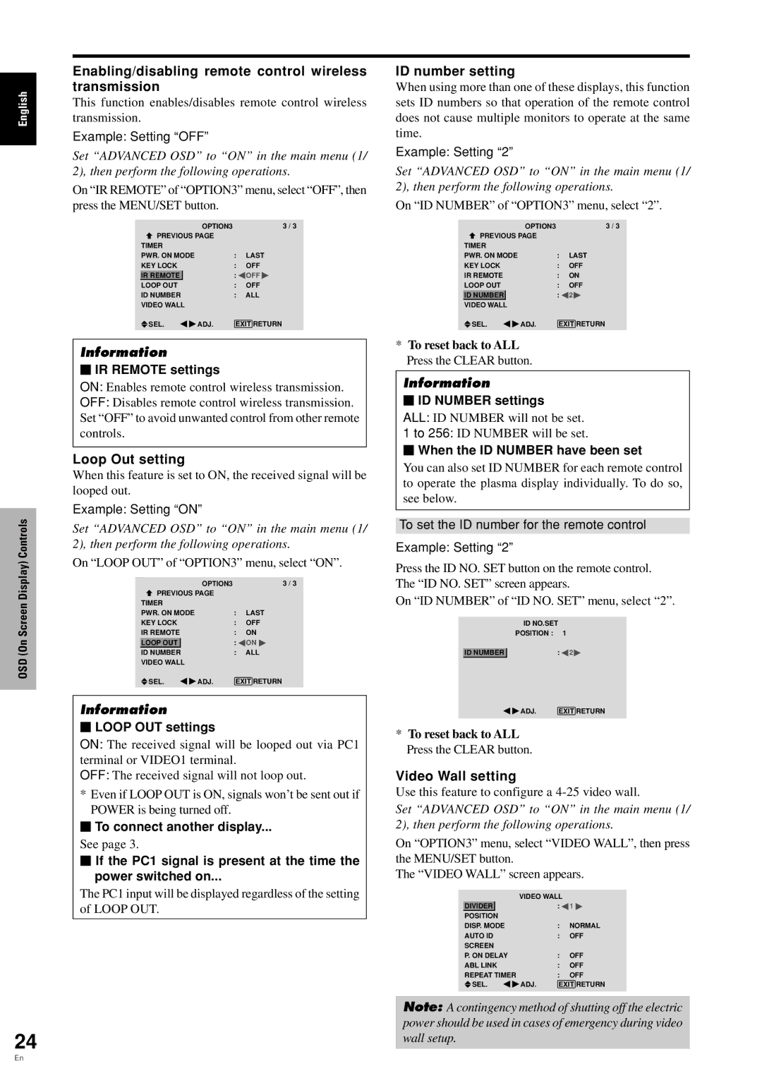 Pioneer PDP 424MV Enabling/disabling remote control wireless transmission, Loop Out setting, ID number setting 