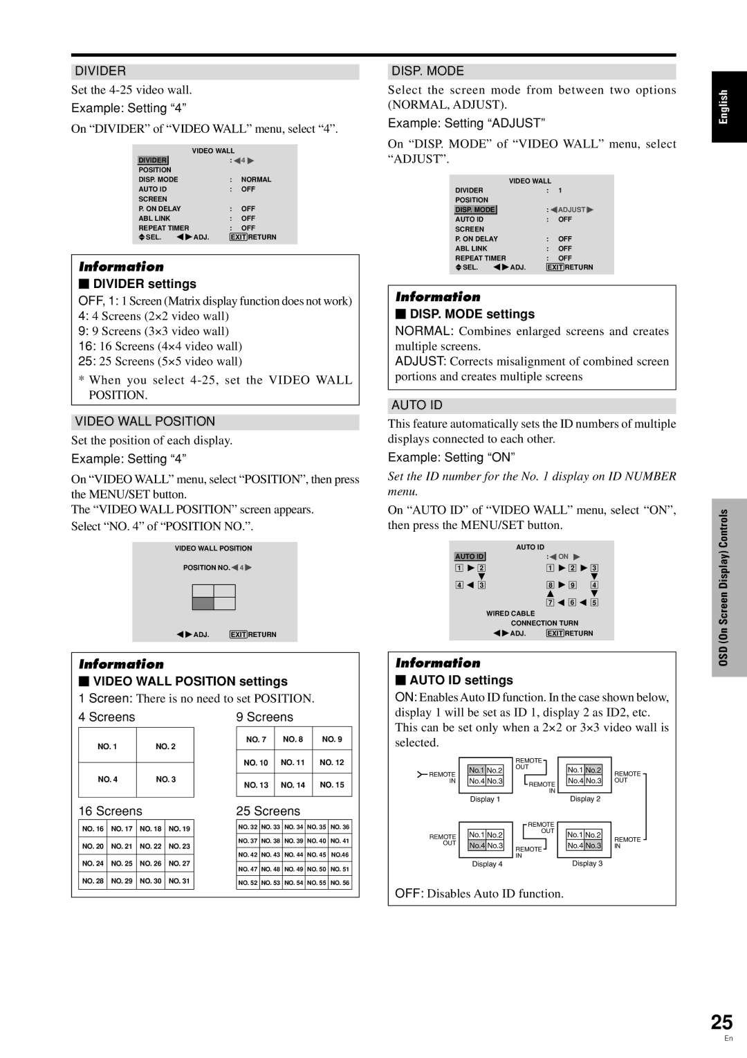 Pioneer PDP 424MV  Divider settings,  Video Wall Position settings,  DISP. Mode settings,  Auto ID settings, Screens 