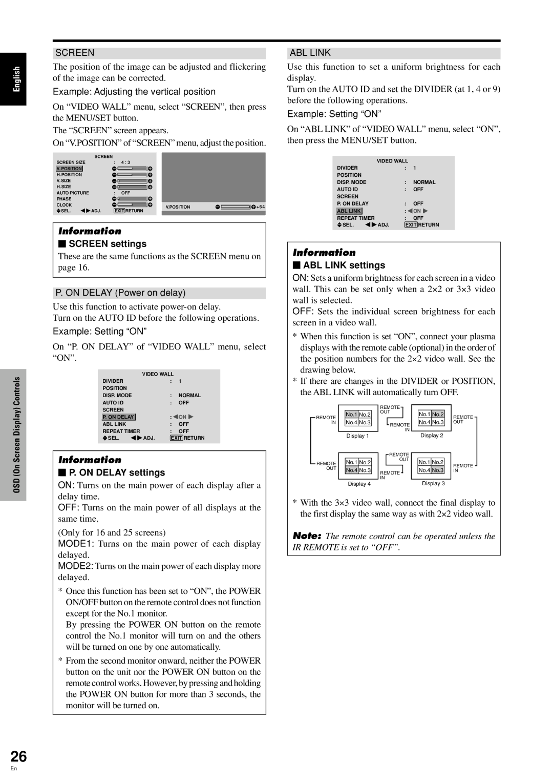 Pioneer PDP 424MV specifications  Screen settings,  ABL Link settings,  P. on Delay settings 