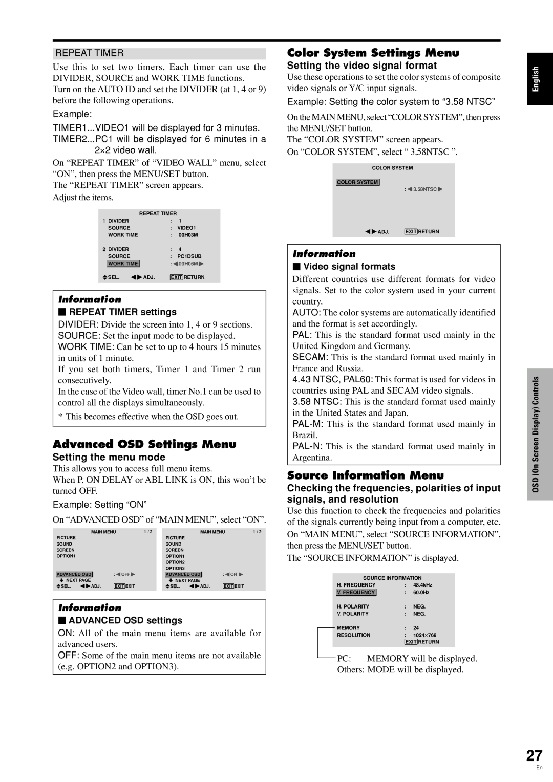 Pioneer PDP 424MV Advanced OSD Settings Menu, Color System Settings Menu, Source Information Menu, Setting the menu mode 