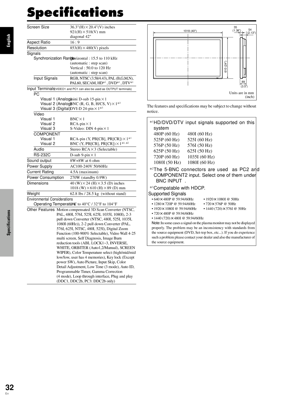 Pioneer PDP 424MV specifications Specifications, Signals 