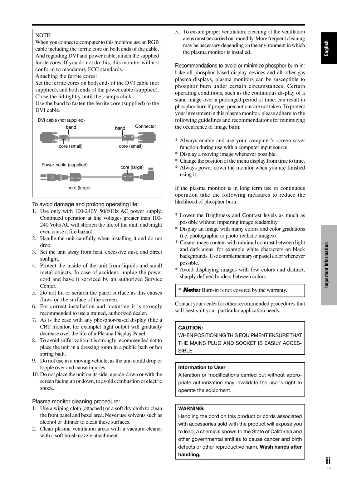 Pioneer PDP 424MV specifications To avoid damage and prolong operating life, Plasma monitor cleaning procedure 