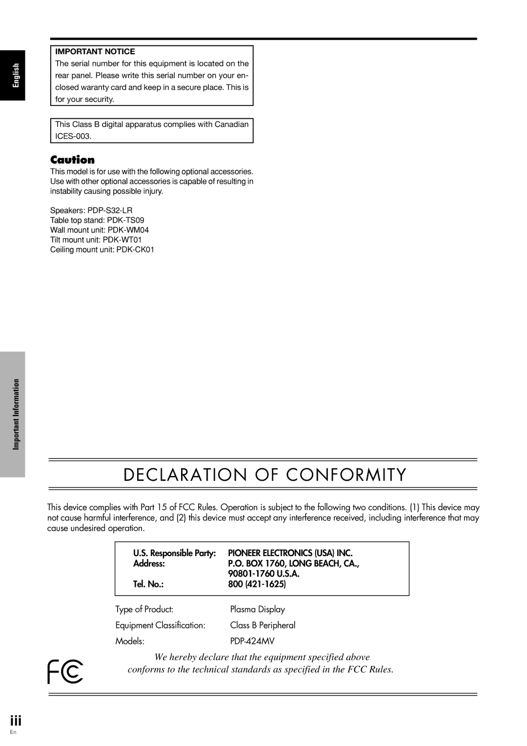 Pioneer PDP 424MV specifications Declaration of Conformity 