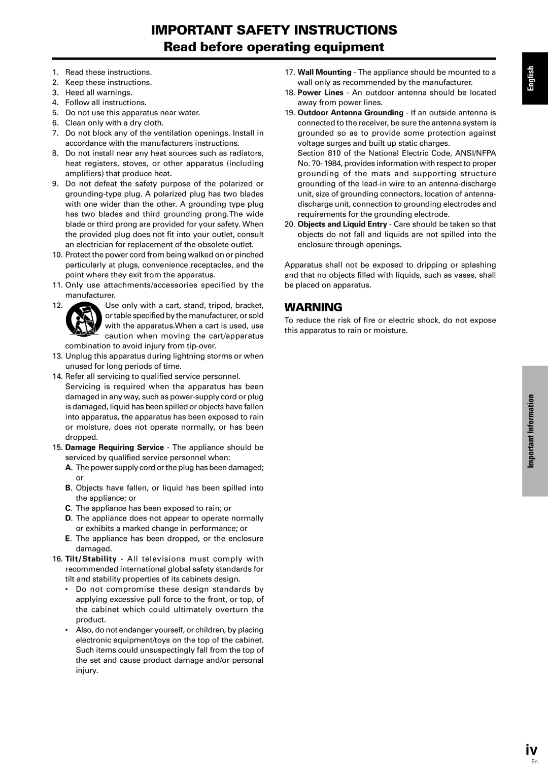 Pioneer PDP 424MV specifications Important Safety Instructions 