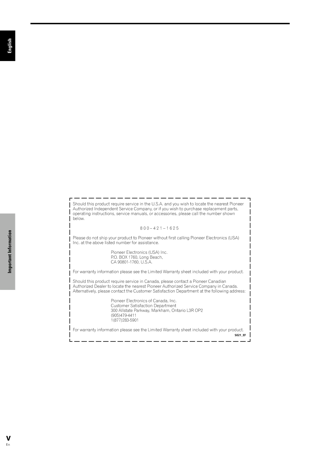 Pioneer PDP 424MV specifications S021EF 