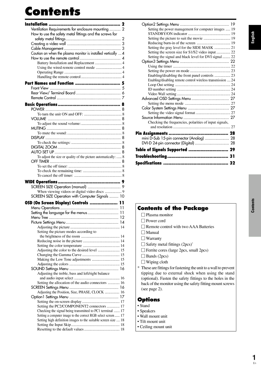 Pioneer PDP 424MV specifications Contents 