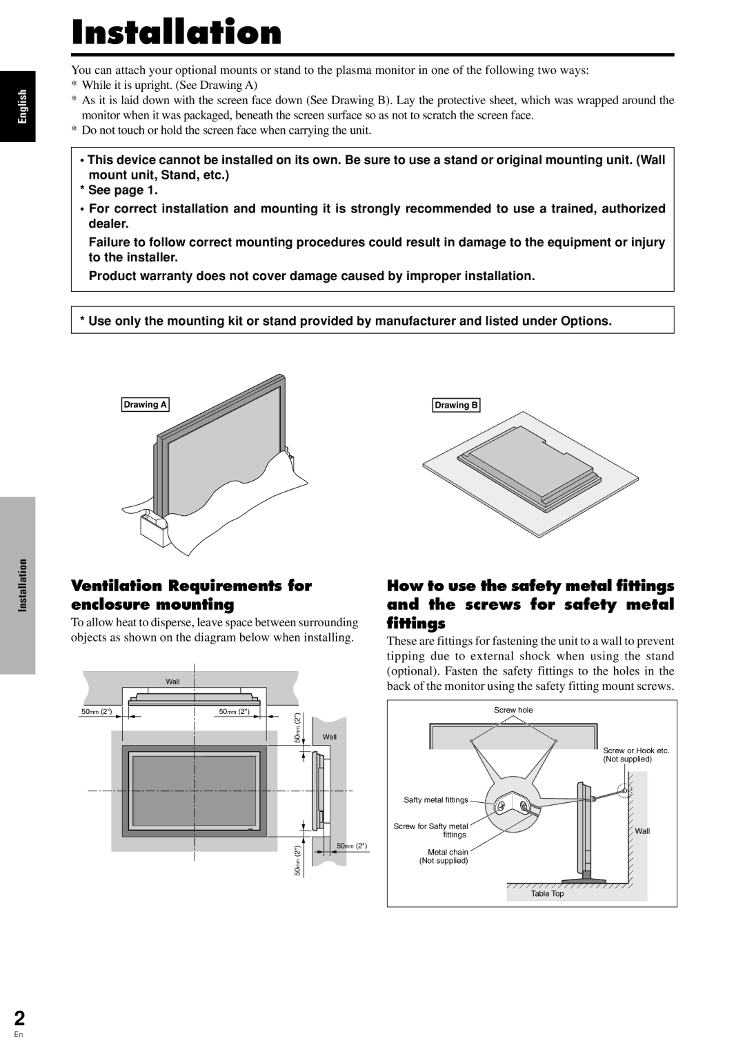 Pioneer PDP 424MV specifications Installation, Ventilation Requirements for enclosure mounting 