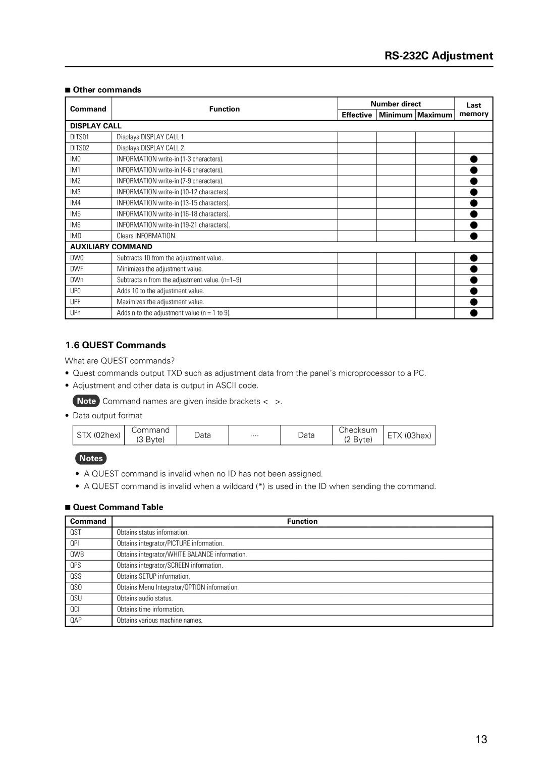 Pioneer PDP-425CMX manual Quest Commands, Other commands, Quest Command Table, Display Call, Auxiliary Command 