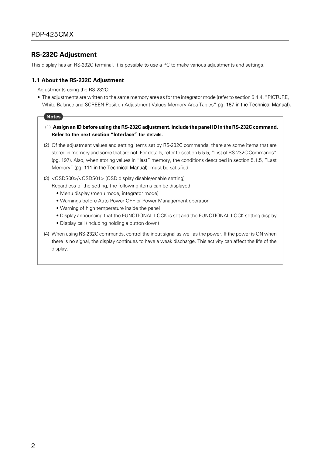 Pioneer PDP-425CMX manual About the RS-232C Adjustment 