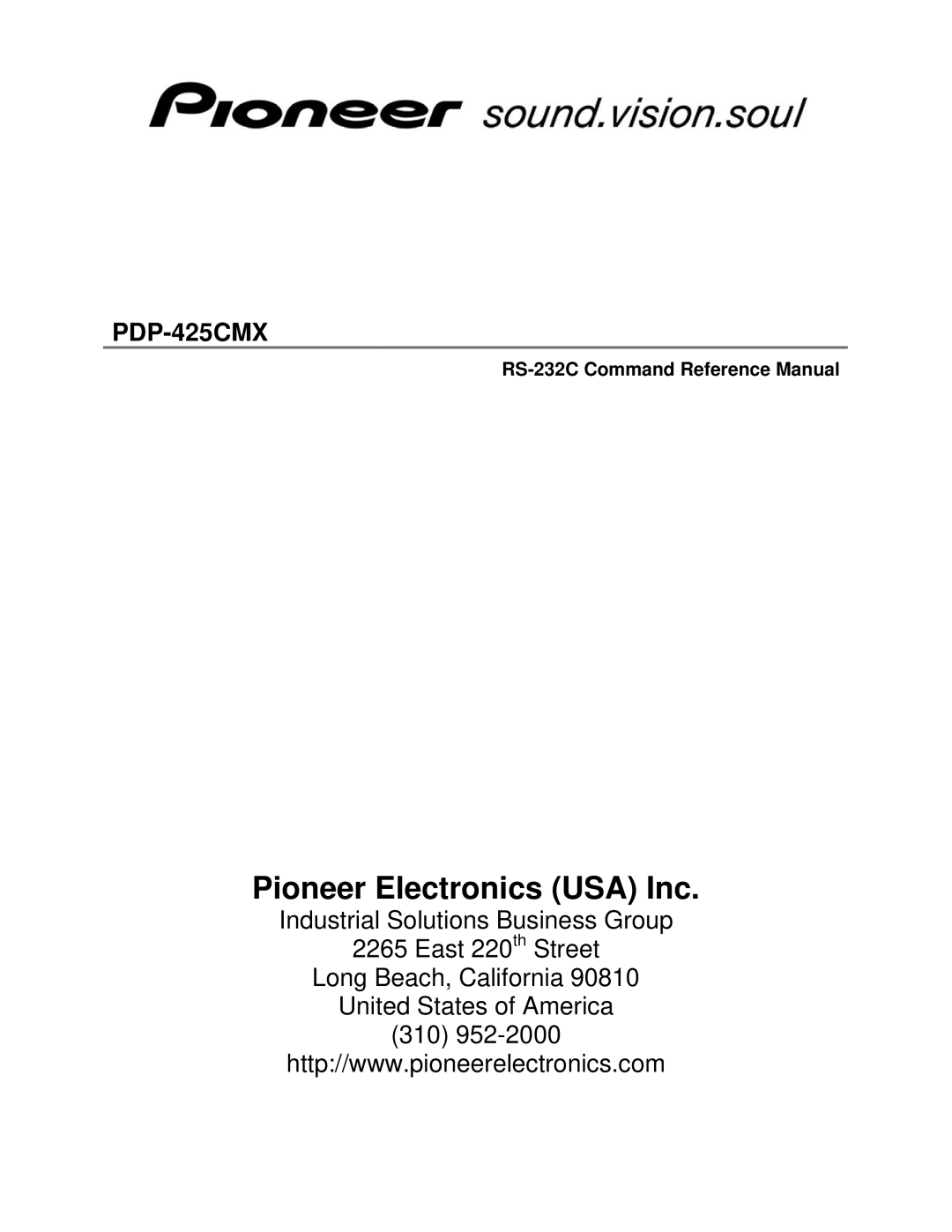 Pioneer PDP-425CMX manual Pioneer Electronics USA Inc, RS-232C Command Reference Manual 