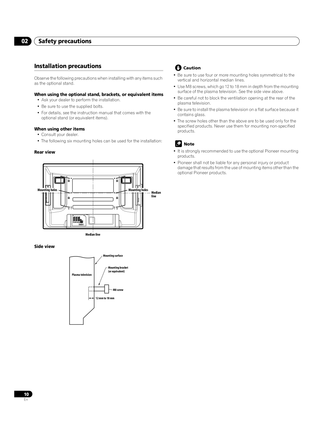 Pioneer PDP-4270XA Safety precautions Installation precautions, When using other items, Rear view, Side view 