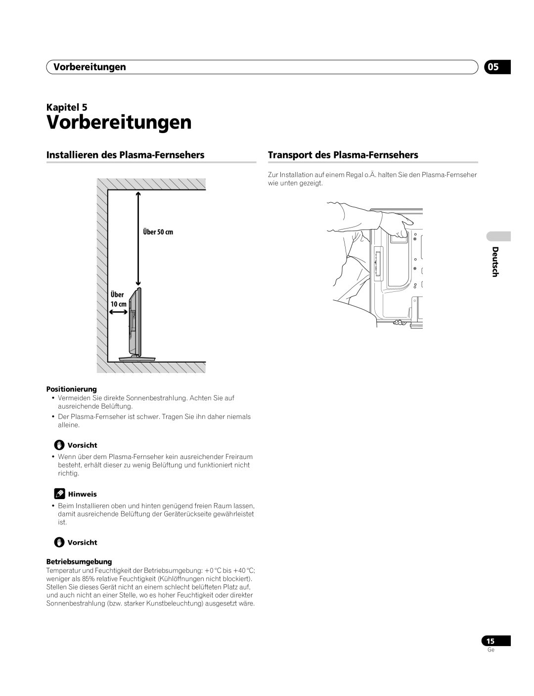 Pioneer PDP-4270XA operating instructions Vorbereitungen Kapitel, Über 50 cm 10 cm, Positionierung, Betriebsumgebung 