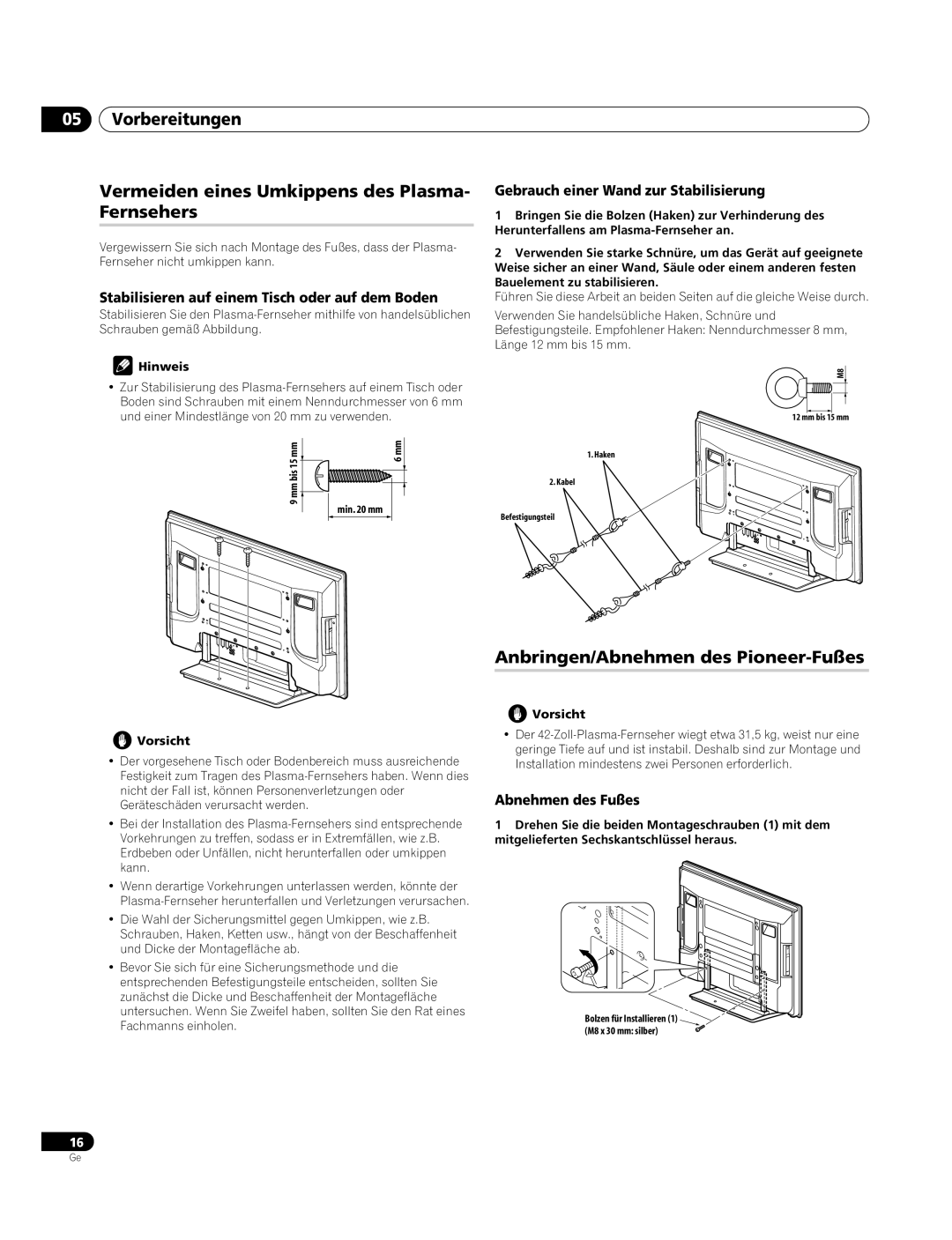 Pioneer PDP-4270XA Anbringen/Abnehmen des Pioneer-Fußes, Stabilisieren auf einem Tisch oder auf dem Boden 