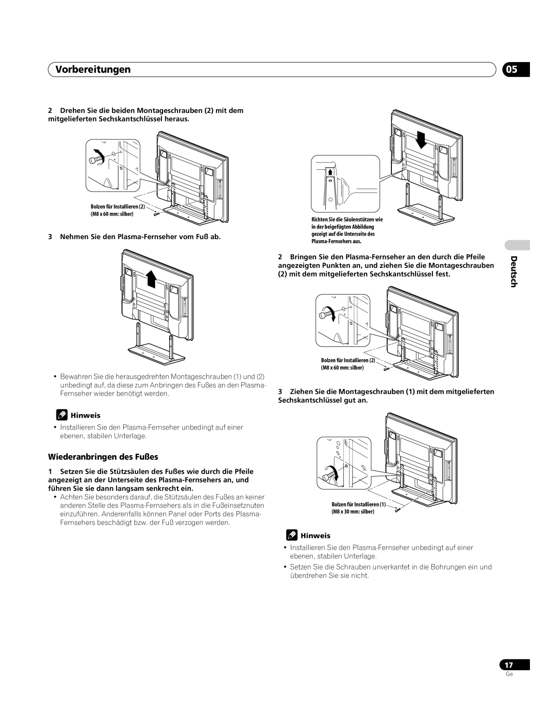 Pioneer PDP-4270XA Vorbereitungen, Wiederanbringen des Fußes, Nehmen Sie den Plasma-Fernseher vom Fuß ab 