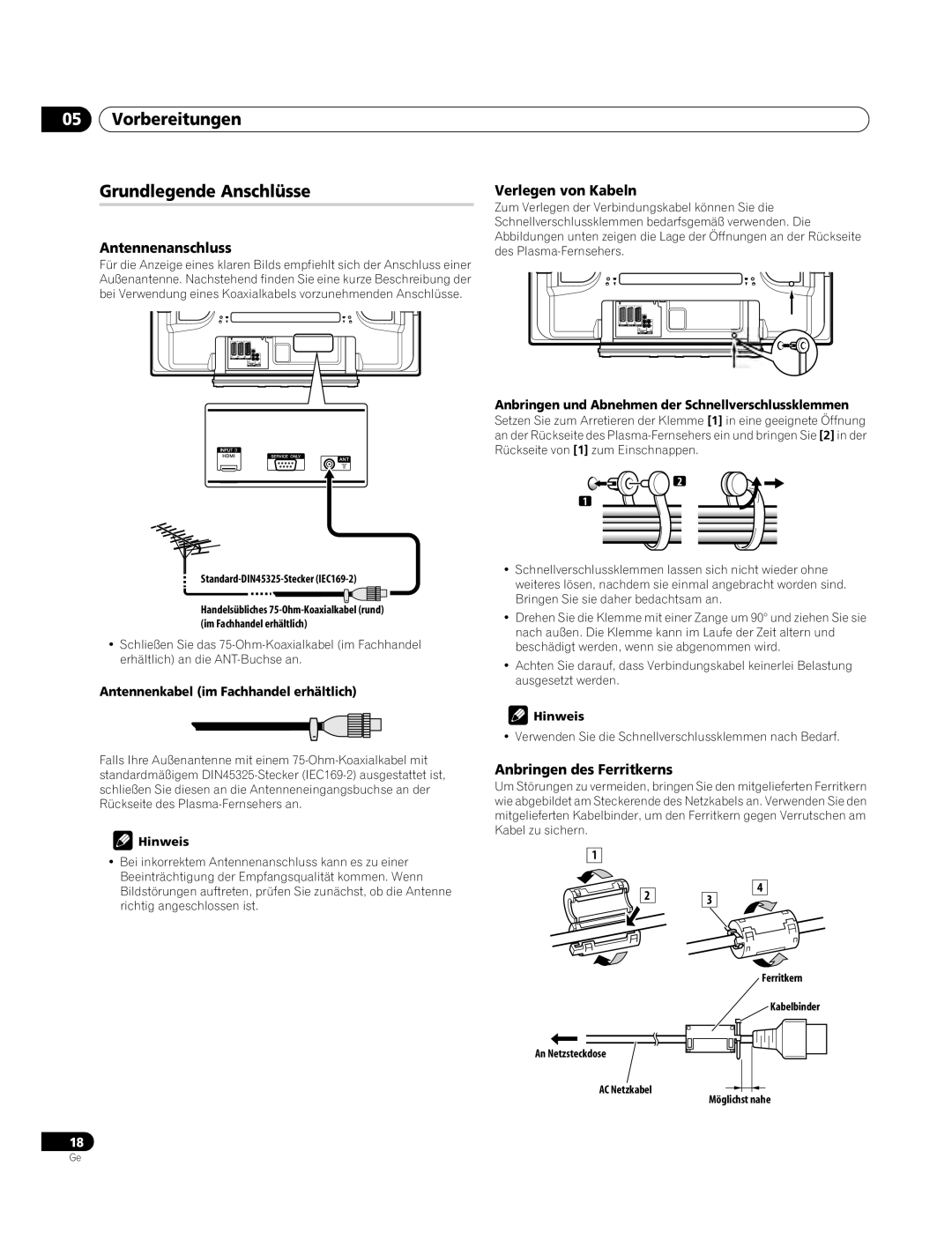 Pioneer PDP-4270XA operating instructions Vorbereitungen Grundlegende Anschlüsse, Antennenanschluss, Verlegen von Kabeln 