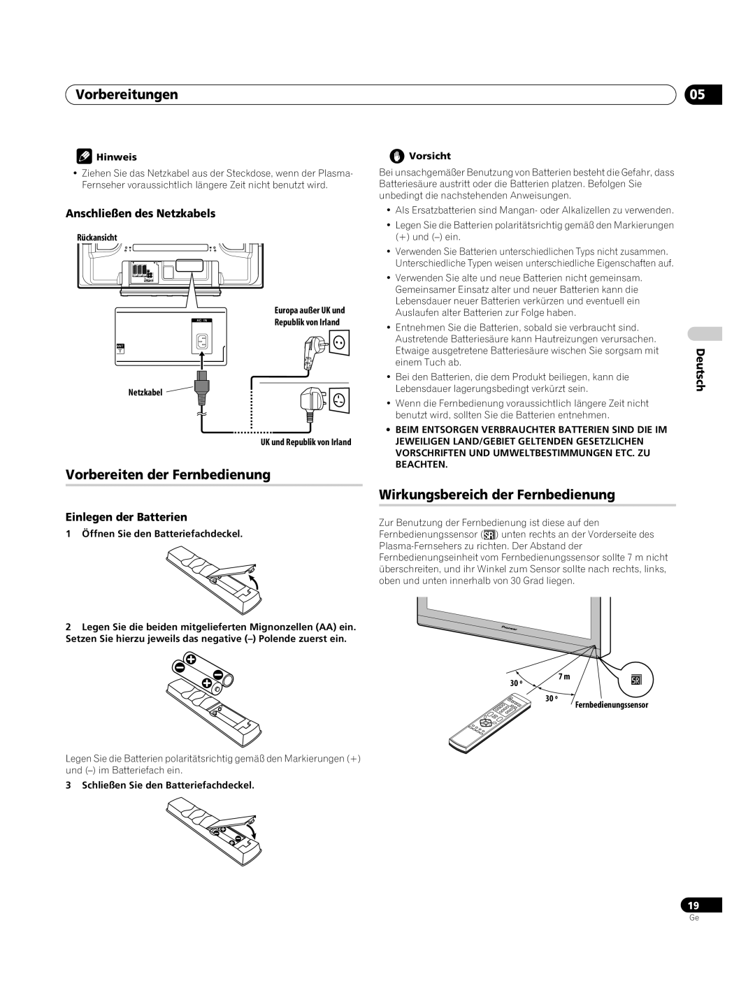 Pioneer PDP-4270XA Vorbereiten der Fernbedienung, Wirkungsbereich der Fernbedienung, Anschließen des Netzkabels 