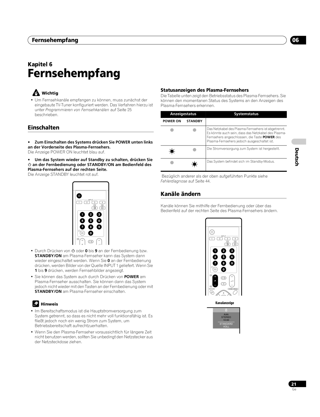 Pioneer PDP-4270XA Fernsehempfang Kapitel, Einschalten, Kanäle ändern, Statusanzeigen des Plasma-Fernsehers 