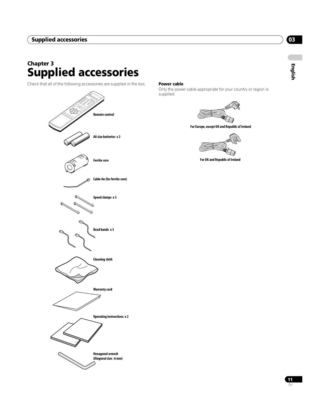 Pioneer PDP-4270XA operating instructions Supplied accessories Chapter, English Power cable 