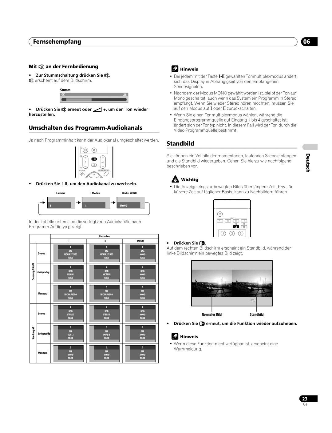 Pioneer PDP-4270XA operating instructions Umschalten des Programm-Audiokanals, Standbild, Mit e an der Fernbedienung 