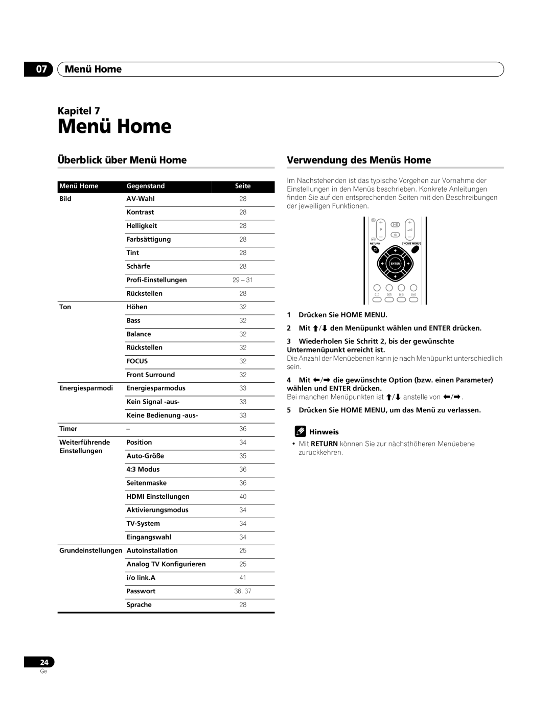 Pioneer PDP-4270XA operating instructions 07 Menü Home Kapitel, Überblick über Menü Home, Verwendung des Menüs Home 