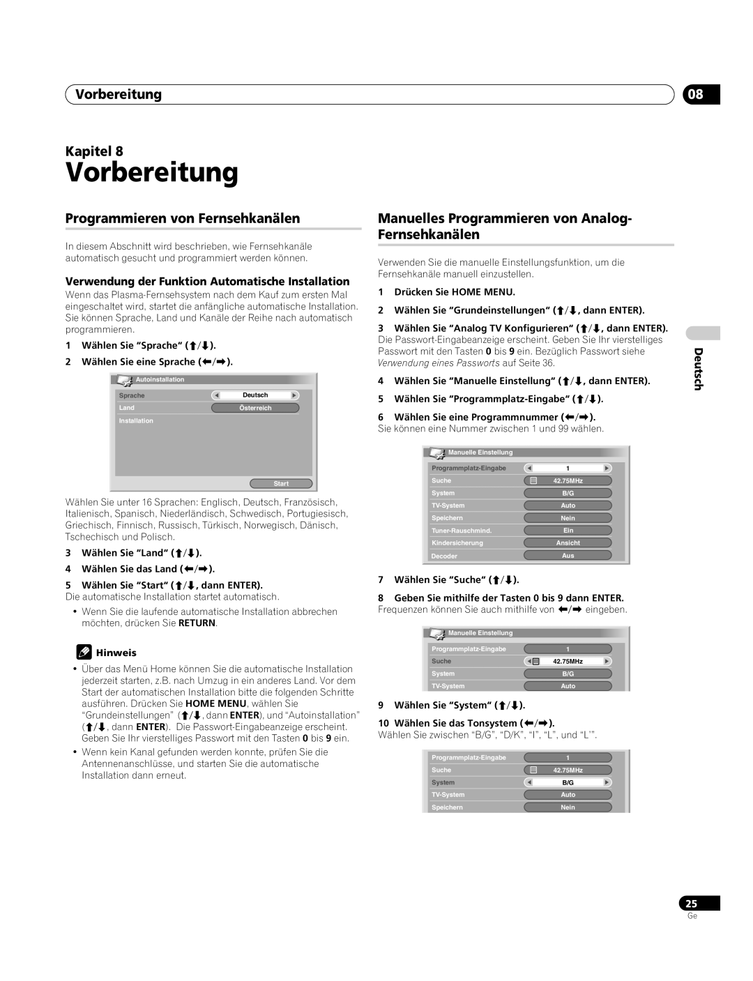 Pioneer PDP-4270XA operating instructions Vorbereitung Kapitel, Programmieren von Fernsehkanälen 