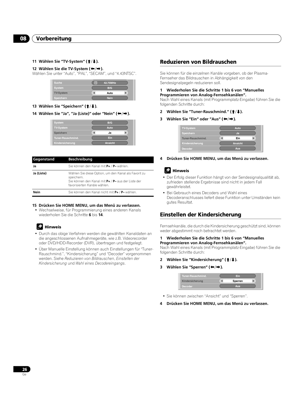 Pioneer PDP-4270XA Vorbereitung, Reduzieren von Bildrauschen, Einstellen der Kindersicherung, Gegenstand Beschreibung 