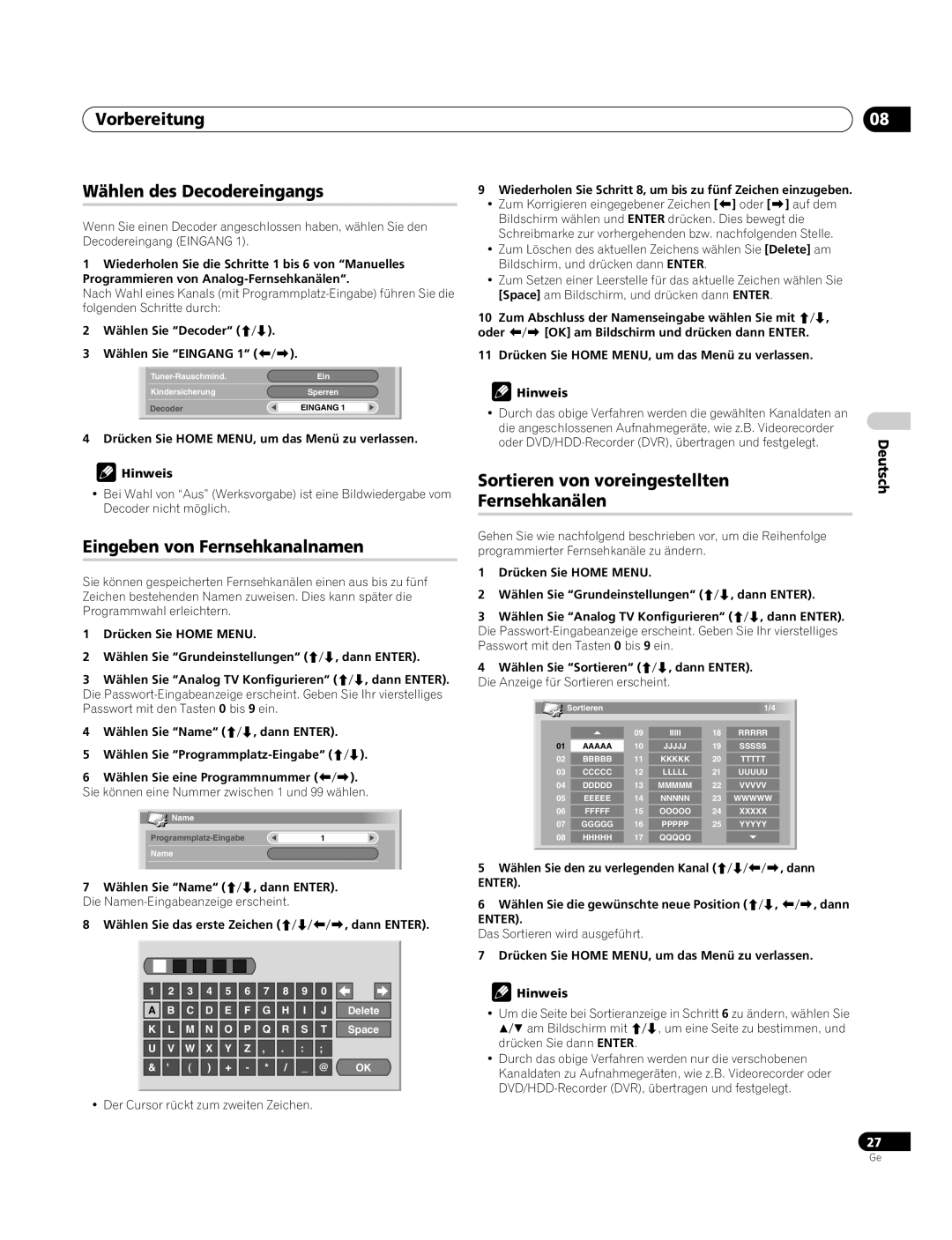 Pioneer PDP-4270XA operating instructions Vorbereitung Wählen des Decodereingangs, Eingeben von Fernsehkanalnamen 