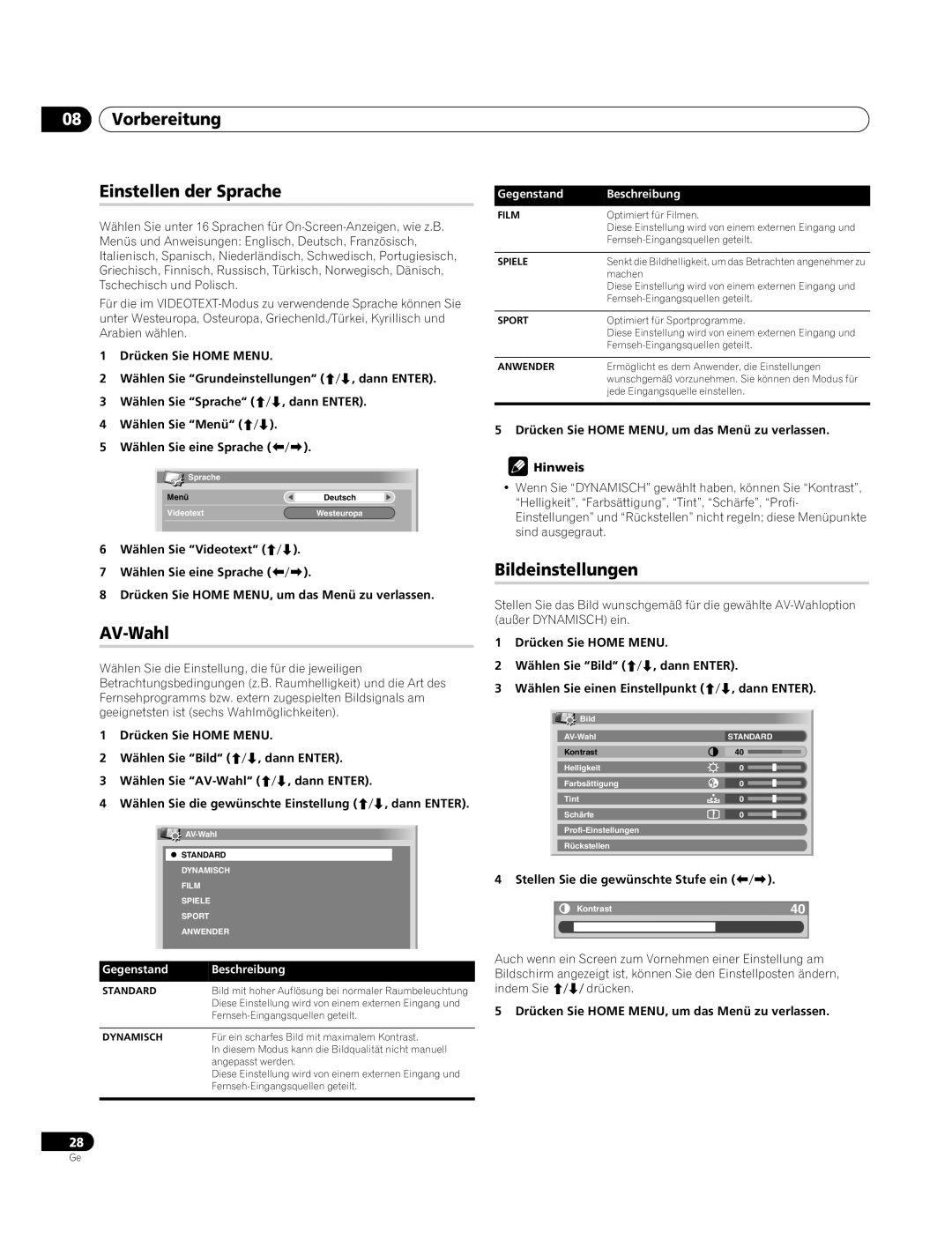 Pioneer PDP-4270XA operating instructions Vorbereitung Einstellen der Sprache, AV-Wahl, Bildeinstellungen 