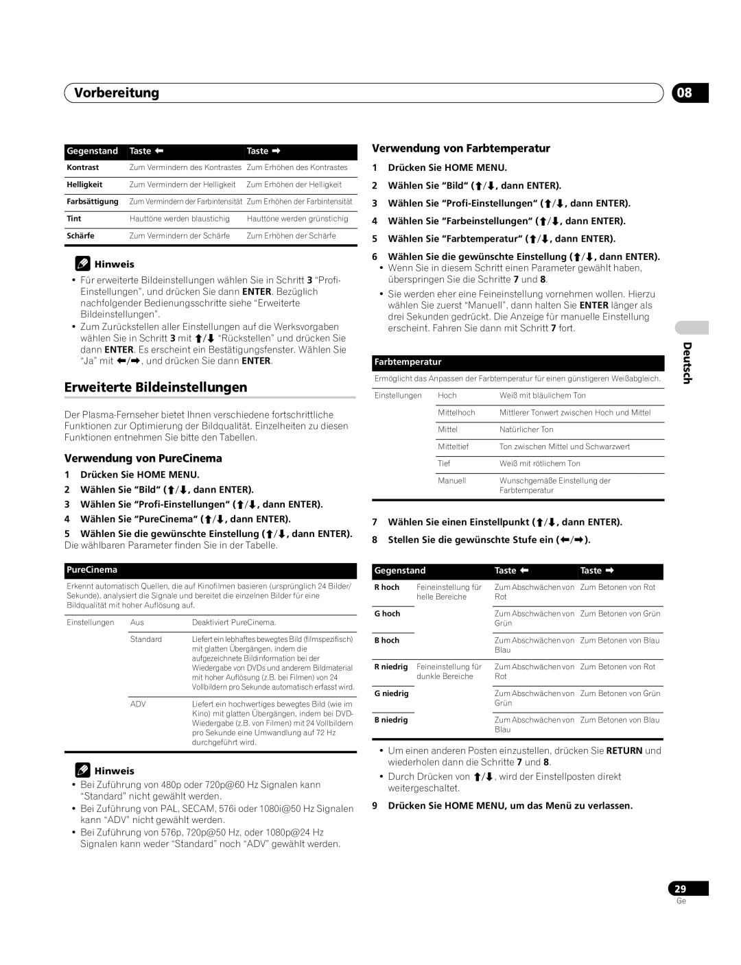 Pioneer PDP-4270XA Erweiterte Bildeinstellungen, Verwendung von PureCinema, Verwendung von Farbtemperatur 