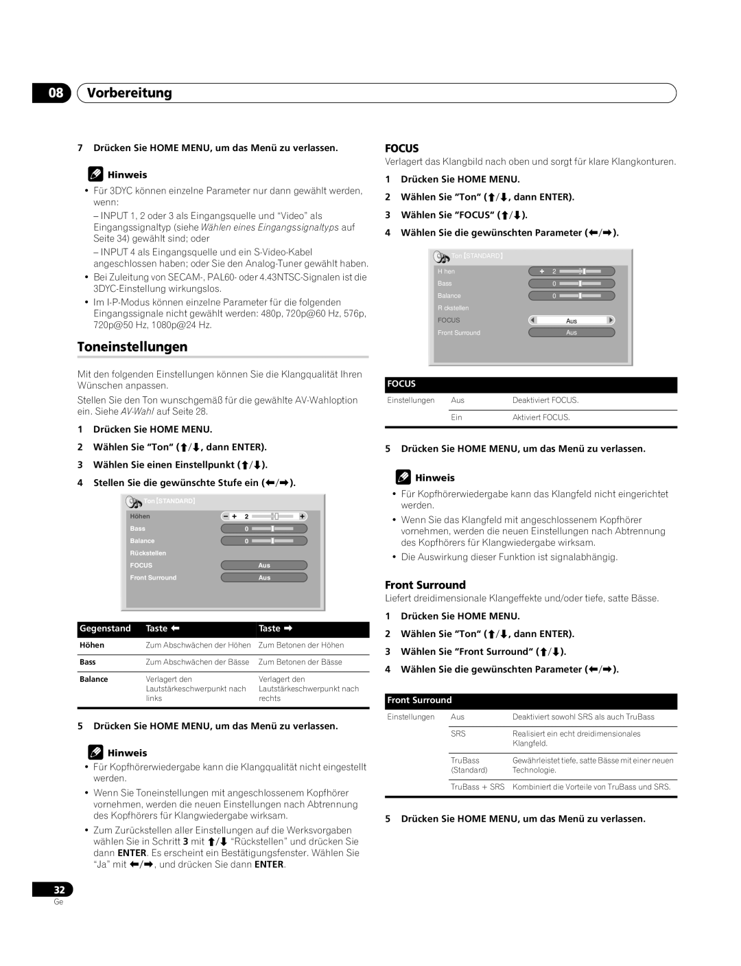 Pioneer PDP-4270XA operating instructions Toneinstellungen, Höhen 