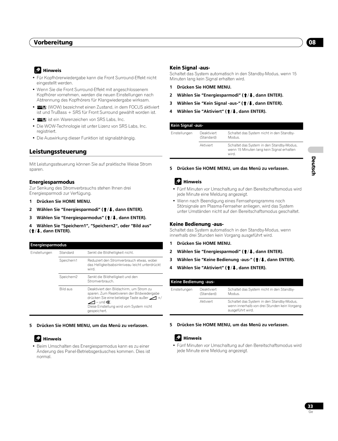 Pioneer PDP-4270XA operating instructions Leistungssteuerung, Energiesparmodus, Kein Signal -aus, Keine Bedienung -aus 