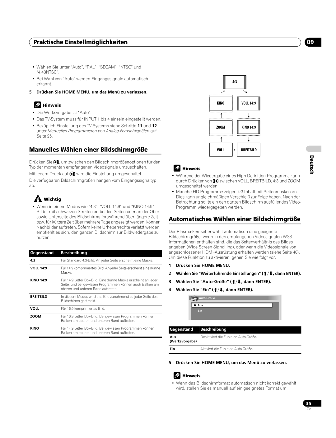 Pioneer PDP-4270XA Praktische Einstellmöglichkeiten, Manuelles Wählen einer Bildschirmgröße, Kino, Hinweis Deutsch 
