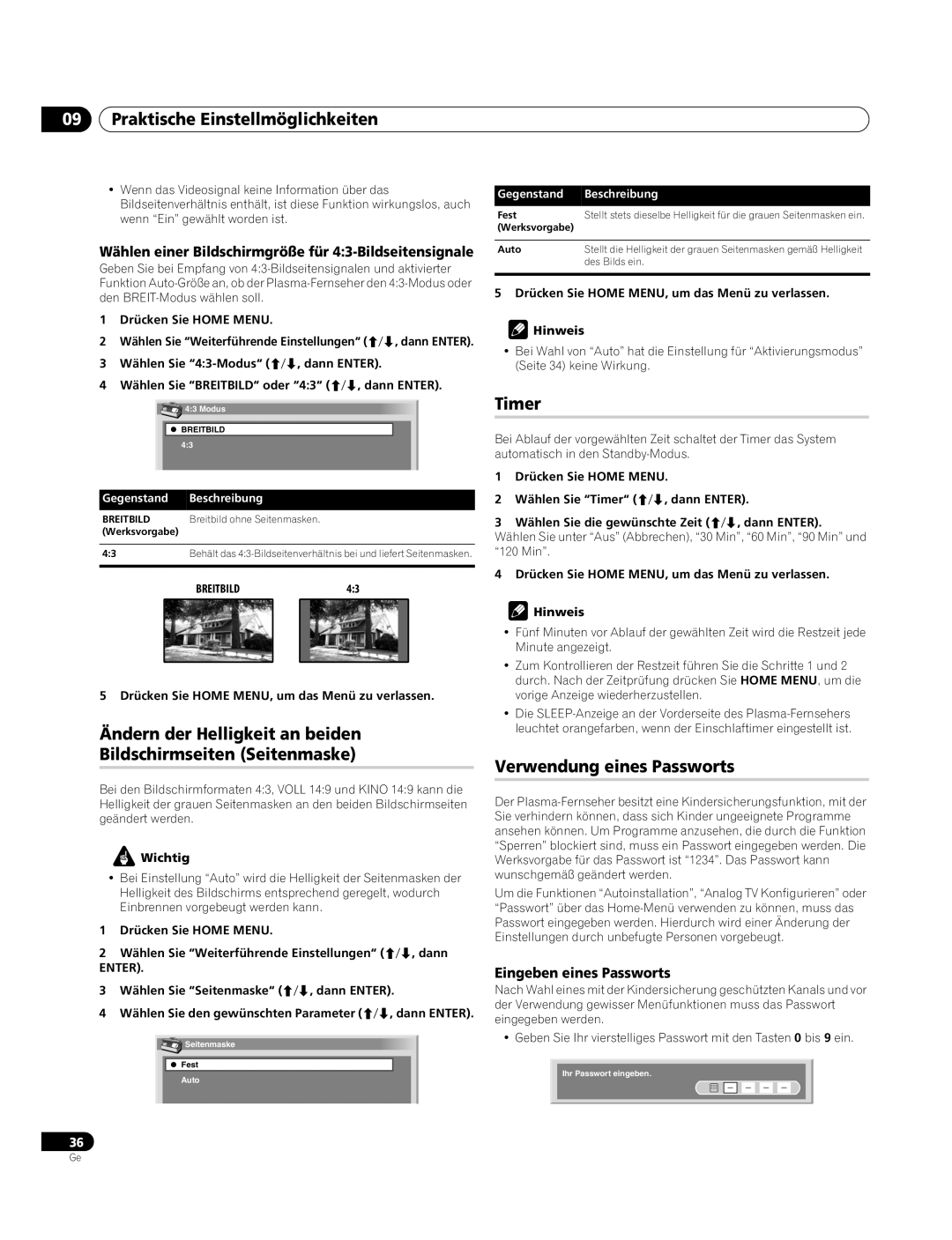 Pioneer PDP-4270XA Timer, Verwendung eines Passworts, Wählen einer Bildschirmgröße für 43-Bildseitensignale 