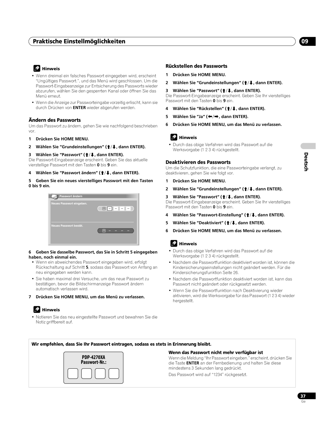 Pioneer PDP-4270XA operating instructions Ändern des Passworts, Rückstellen des Passworts, Deaktivieren des Passworts 