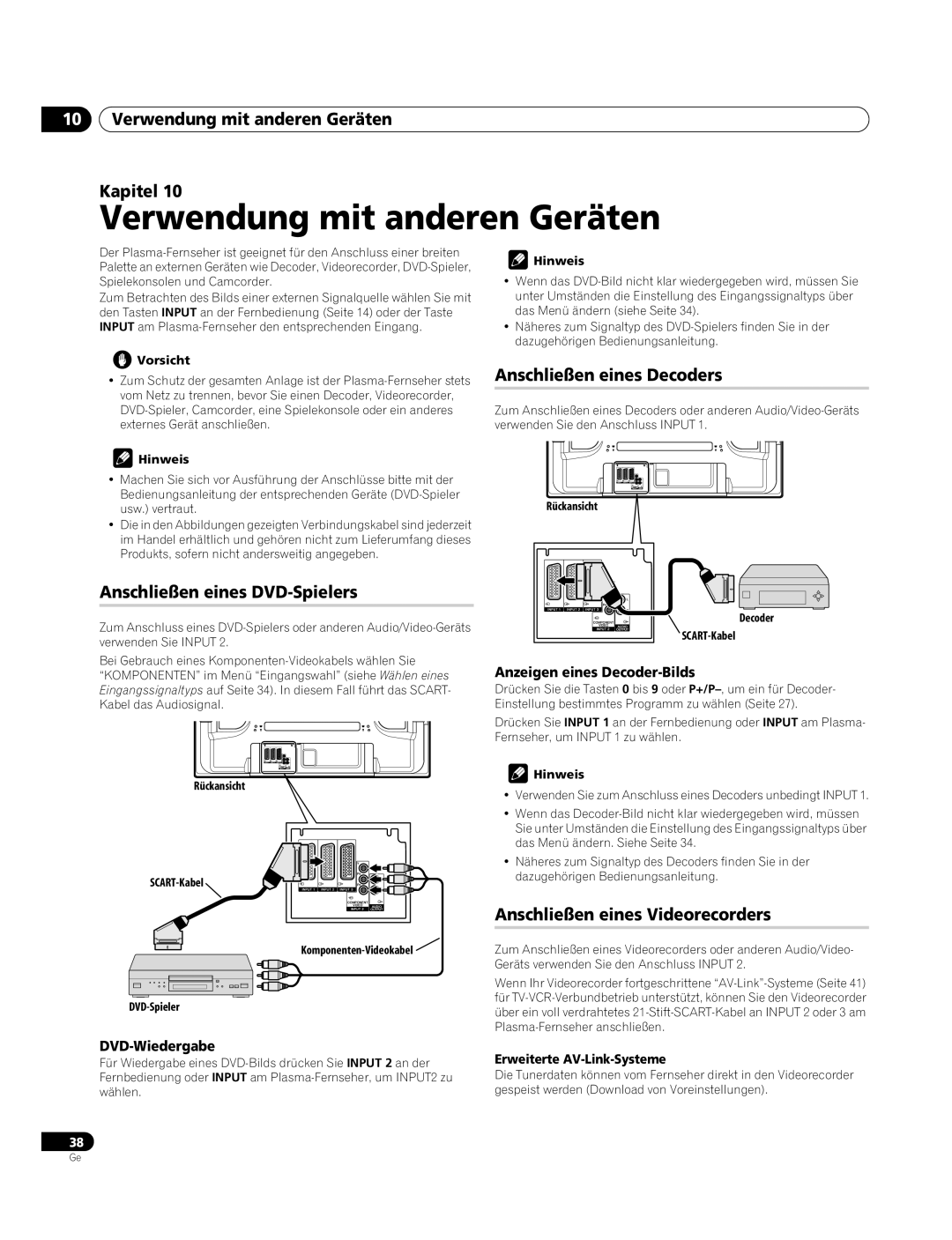 Pioneer PDP-4270XA Verwendung mit anderen Geräten Kapitel, Anschließen eines DVD-Spielers, Anschließen eines Decoders 