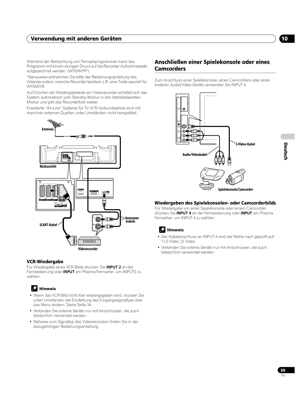 Pioneer PDP-4270XA Verwendung mit anderen Geräten, Anschließen einer Spielekonsole oder eines Camcorders, VCR-Wiedergabe 