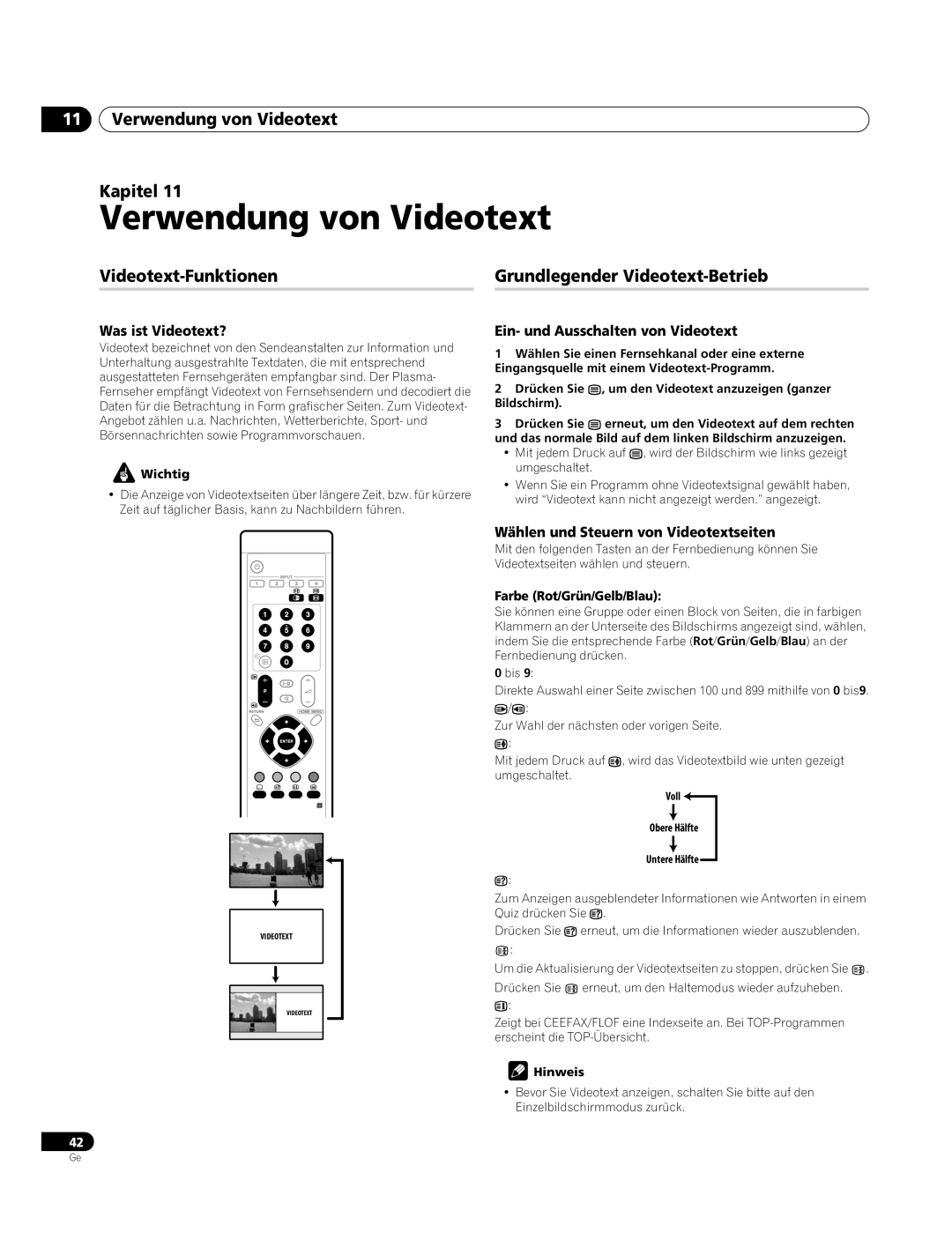 Pioneer PDP-4270XA Verwendung von Videotext Kapitel, Videotext-Funktionen Grundlegender Videotext-Betrieb 