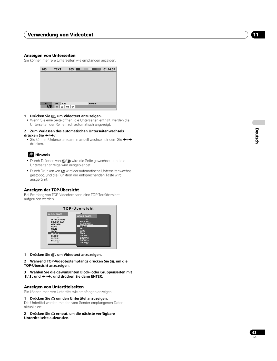 Pioneer PDP-4270XA operating instructions Verwendung von Videotext, Anzeigen von Unterseiten, Anzeigen der TOP-Übersicht 