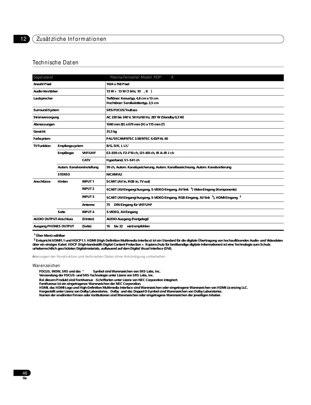 Pioneer PDP-4270XA operating instructions 12 Zusätzliche Informationen Technische Daten, Warenzeichen 