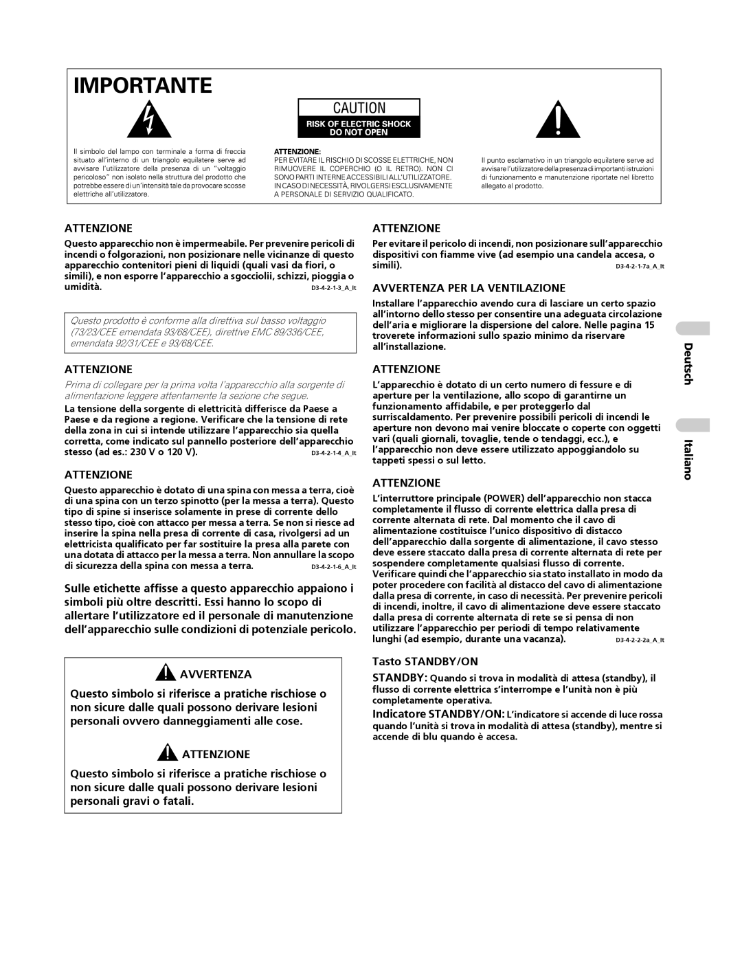 Pioneer PDP-4270XA operating instructions Tasto STANDBY/ON, Deutsch Italiano 