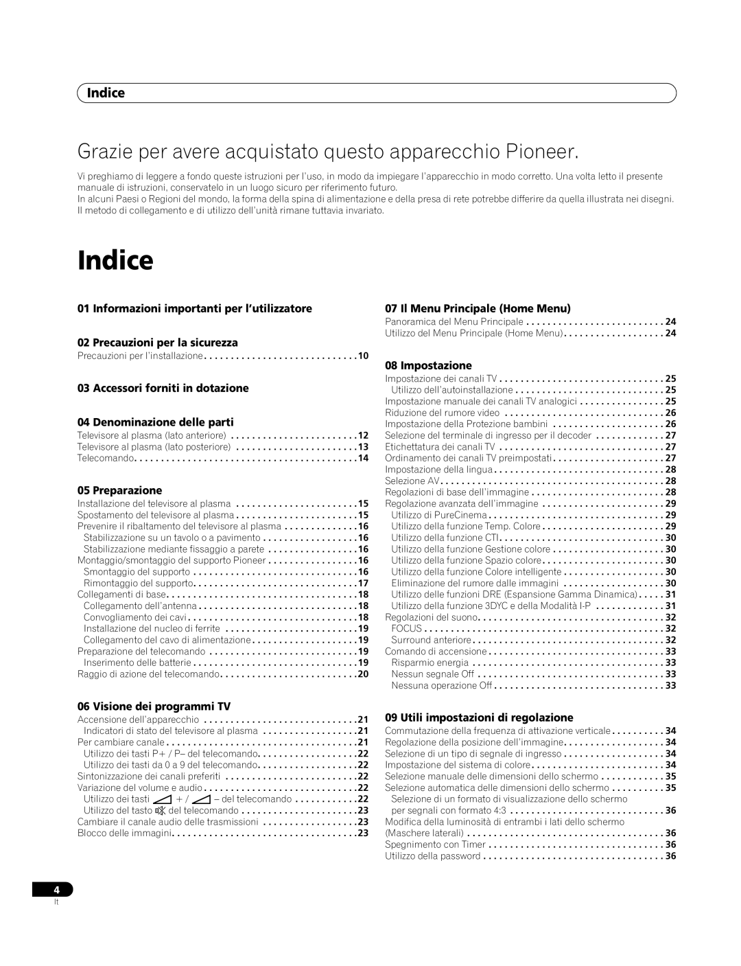 Pioneer PDP-4270XA operating instructions Indice 