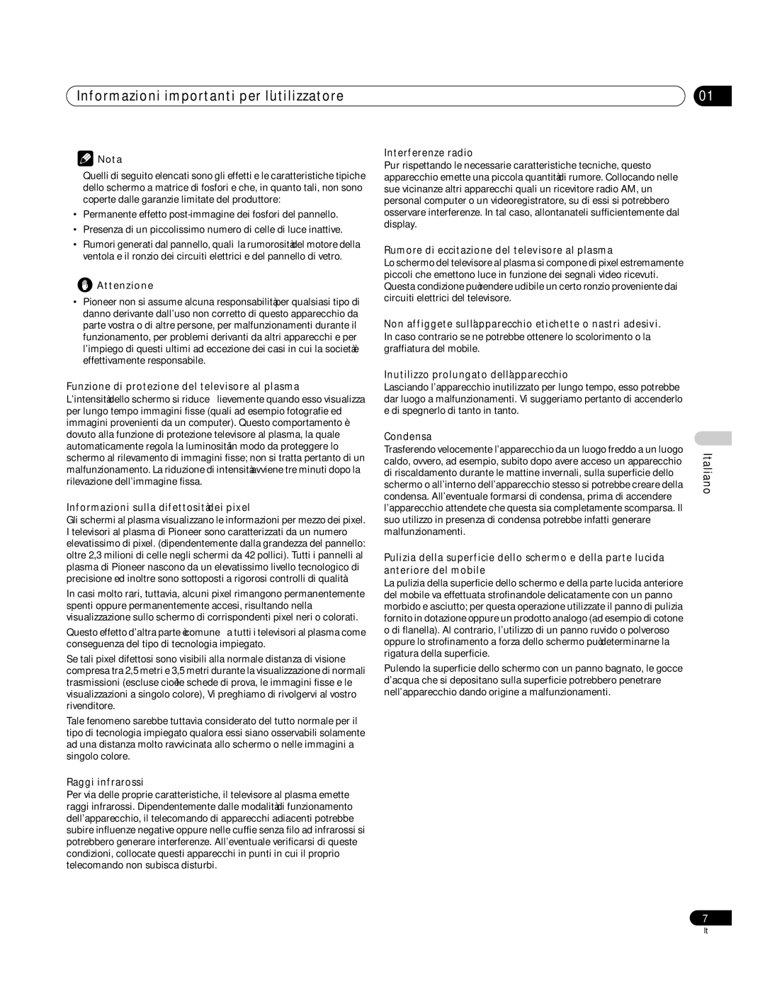 Pioneer PDP-4270XA operating instructions Informazioni importanti per l’utilizzatore 