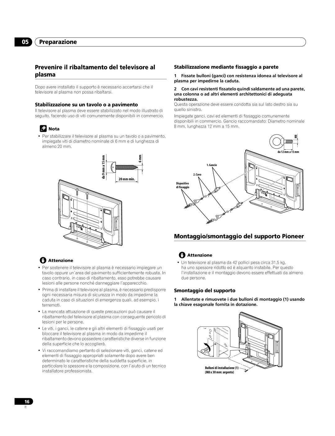 Pioneer PDP-4270XA Montaggio/smontaggio del supporto Pioneer, Stabilizzazione su un tavolo o a pavimento 