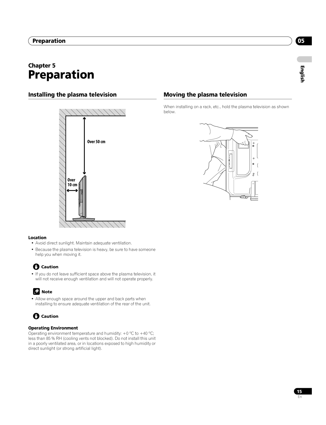 Pioneer PDP-4270XA operating instructions Preparation Chapter, Over 50 cm 10 cm, Location, Operating Environment 