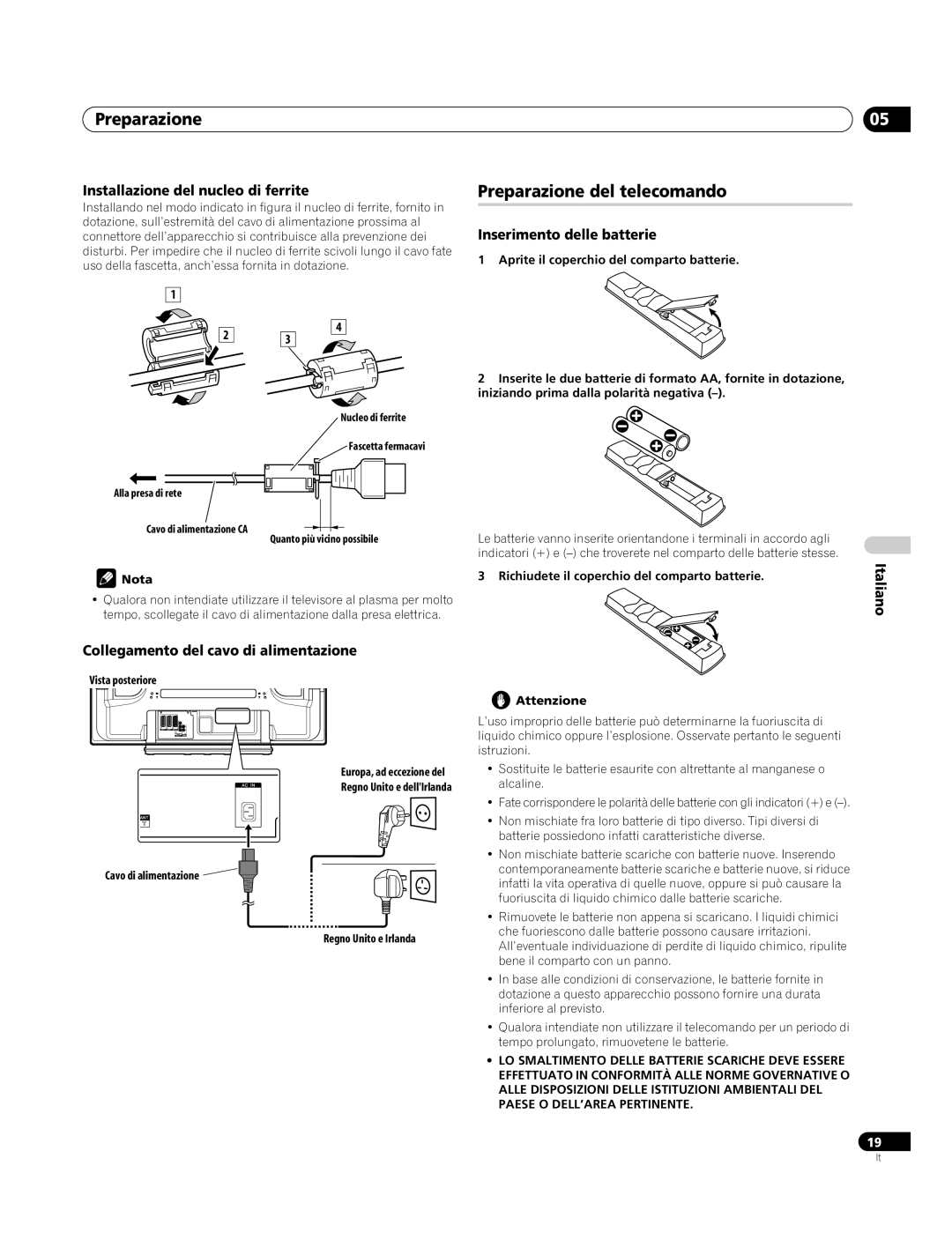 Pioneer PDP-4270XA Preparazione del telecomando, Installazione del nucleo di ferrite, Inserimento delle batterie 